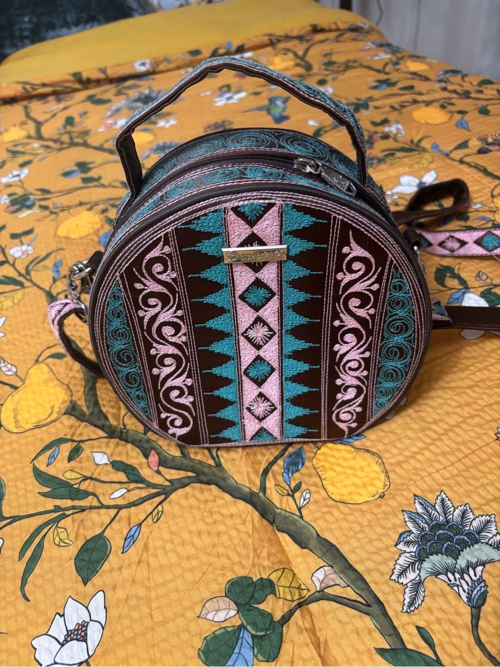 Banda Bag!!💕Round Embroidered Mini Crossbody Bag in Pink, Teal & Brown